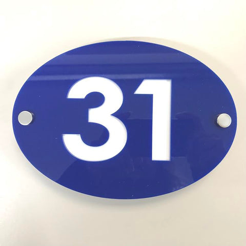 Oval House Number Sign - Blue & White Gloss Finish