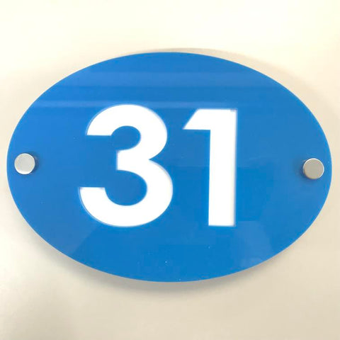 Oval House Number Sign - Bright Blue & White Gloss Finish