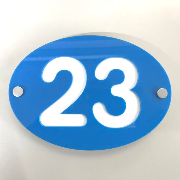 Oval House Number Sign - Bright Blue & White Gloss Finish