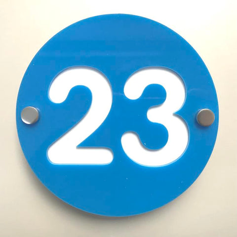 Round Number House Sign - Bright Blue & White Gloss Finish