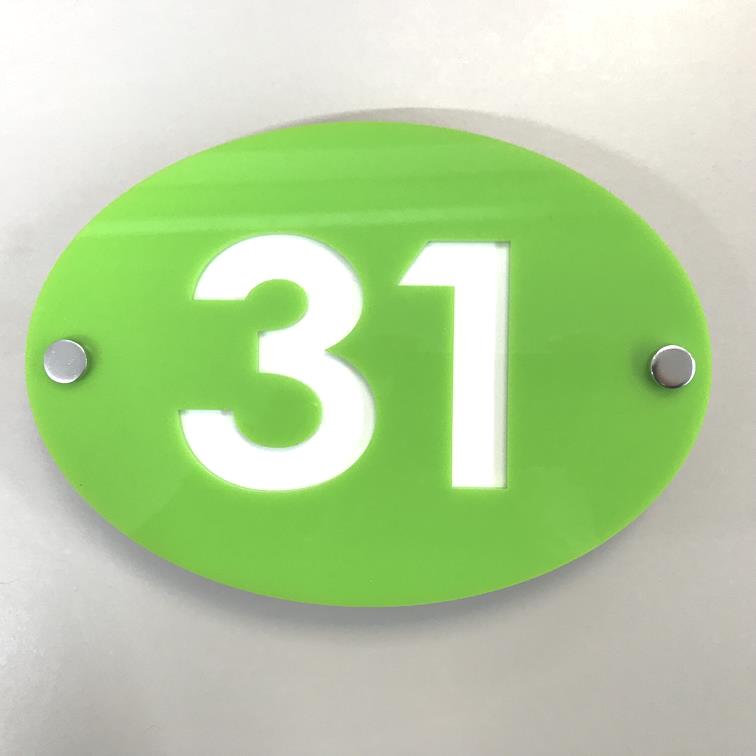 Oval House Number Sign - Lime Green & White Gloss Finish