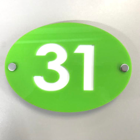 Oval House Number Sign - Lime Green & White Gloss Finish