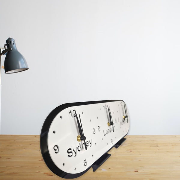 Bespoke Named Oval Three Time Zones Clocks & Desk Stand (Many Colour Choices)
