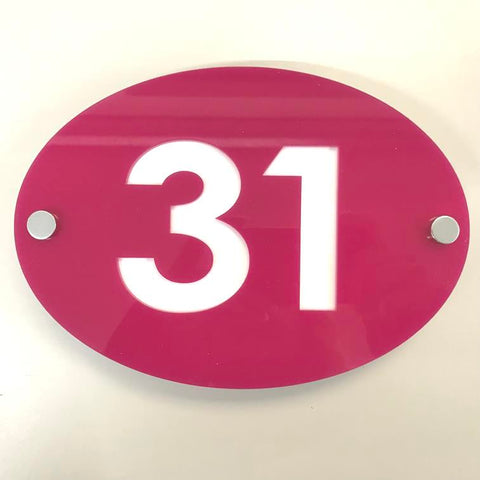 Oval House Number Sign - Pink & White Gloss Finish