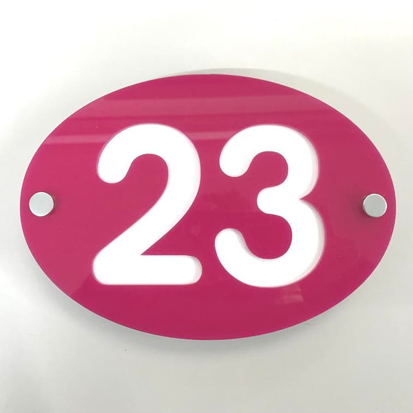 Oval House Number Sign - Pink & White Gloss Finish