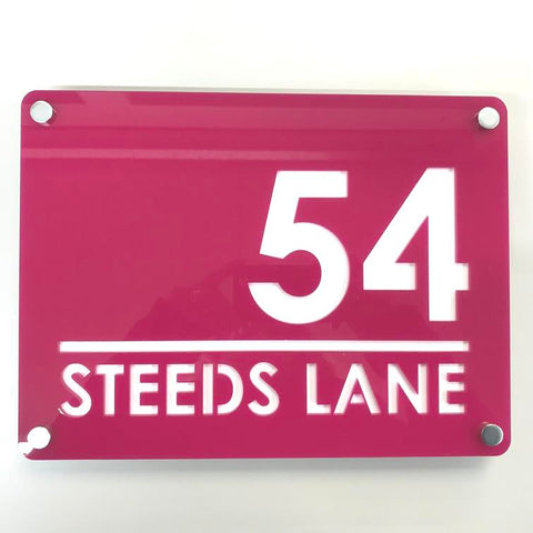 Large Rectangular House Number & Street Name Sign - Pink & White Gloss Finish