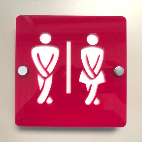 Square Crossed Legged Male & Female Toilet Sign - Pink & White Gloss Finish