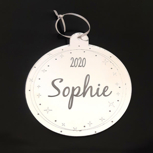 Bauble Bespoke "Name & Year" Engraved Christmas Tree Decorations Mirrored