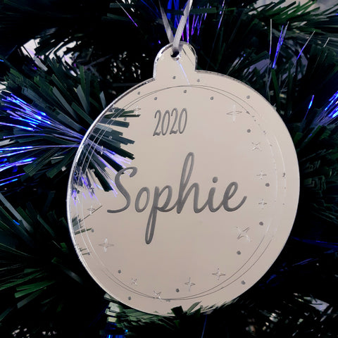 Bauble Bespoke "Name & Year" Engraved Christmas Tree Decorations Mirrored