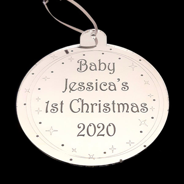 Bauble "Baby's 1st Christmas" Engraved Christmas Tree Decorations Mirrored
