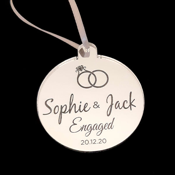 Bauble "Engagement Name & Date" Engraved Christmas Tree Decorations Mirrored