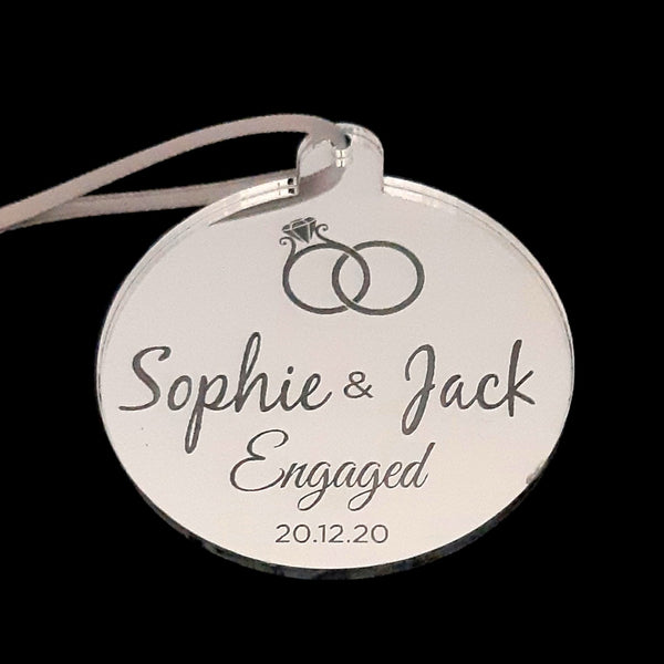 Bauble "Engagement Name & Date" Engraved Christmas Tree Decorations Mirrored