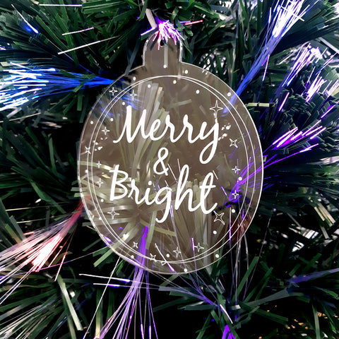 Bauble "Merry & Bright" Engraved Christmas Tree Decorations, Clear