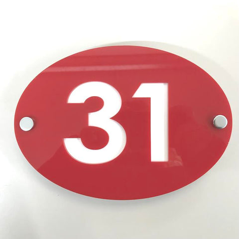 Oval House Number Sign - Red & White Gloss Finish
