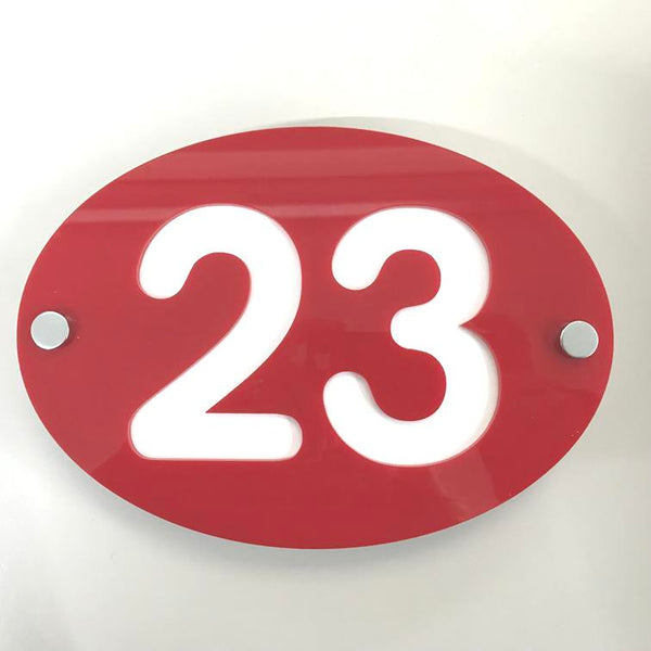 Oval House Number Sign - Red & White Gloss Finish