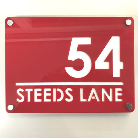 Large Rectangular House Number & Street Name Sign - Red & White Gloss Finish