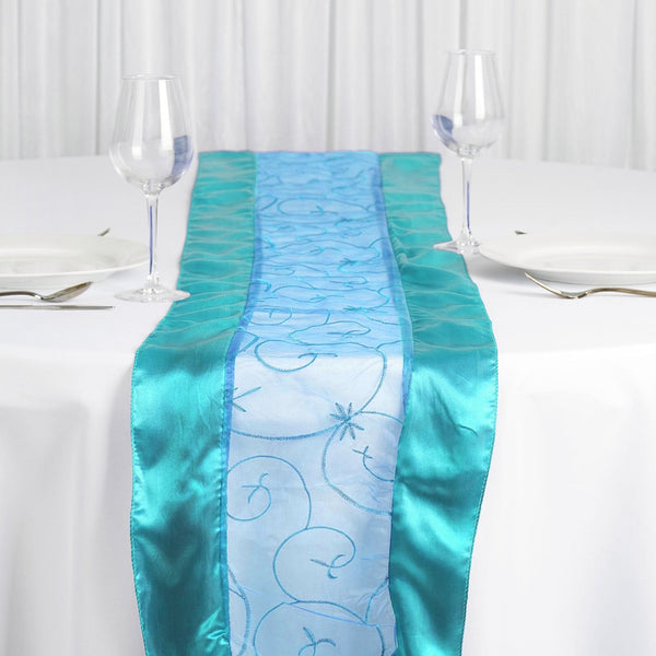 Turquoise Embroidered Sheer Organza Satin Table Runner