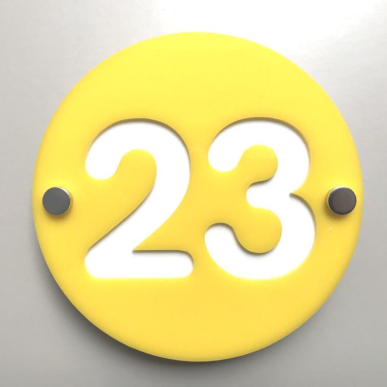 Round Number House Sign - Yellow & White Gloss Finish