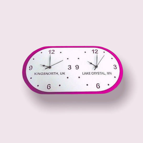 Bespoke Named Oval Two Time Zone Clocks & Desk Stand - Many Colour Choices