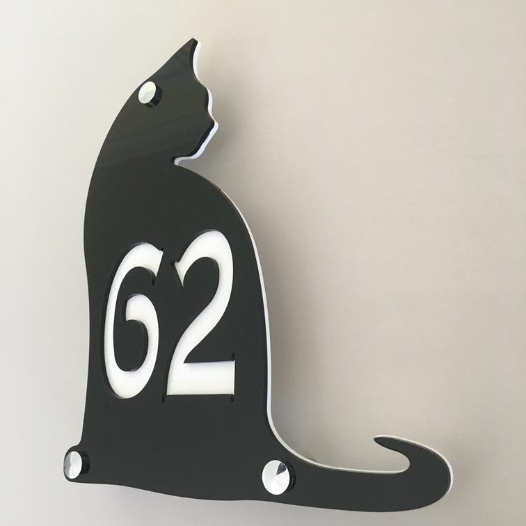 Cat House Number Sign - Black & White Gloss Finish
