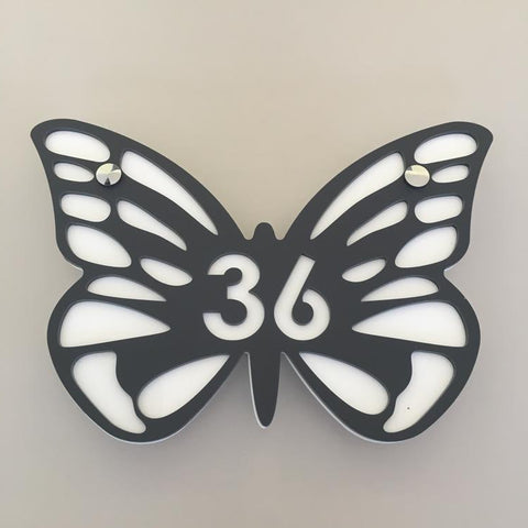 Butterfly House Number Sign - Graphite & White Matt Finish