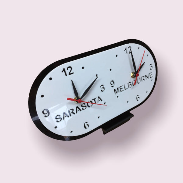 Bespoke Named Oval Two Time Zone Clocks & Desk Stand - Many Colour Choices