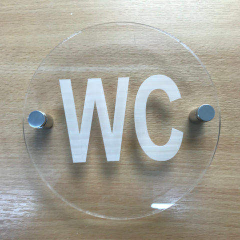 Round Engraved WC Toilet Sign - Clear Gloss Finish