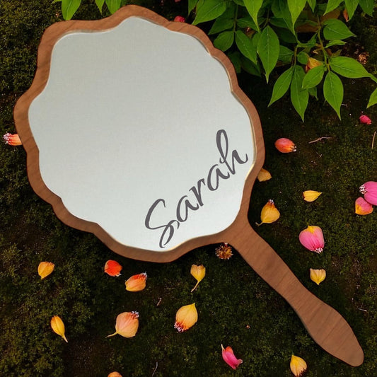 Scalloped Hand Held Wooden Vanity Mirror, Personalised