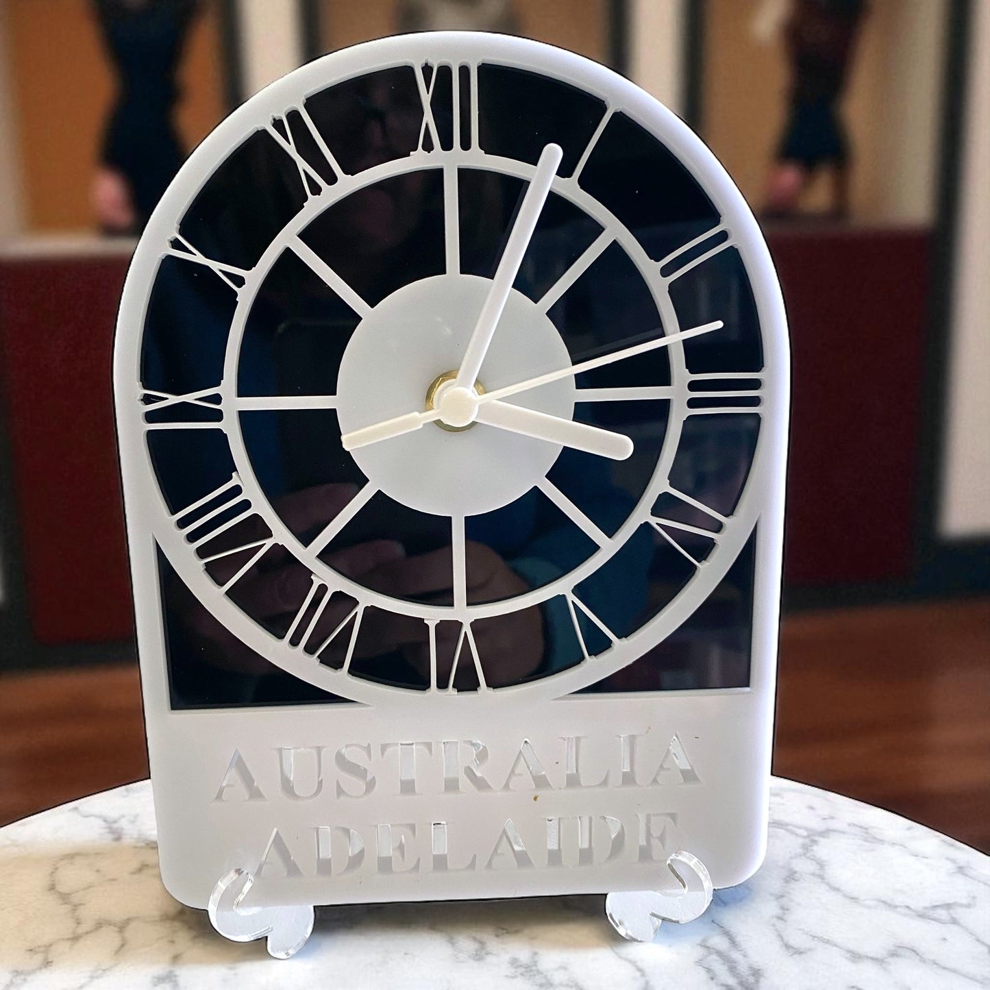 Bespoke Named Skeleton Arched Single Time Zone Clocks & Desk Stand
