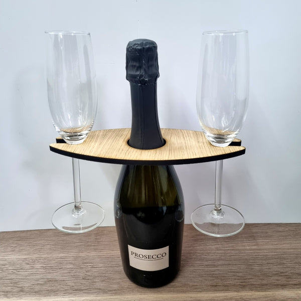Personalised Wine Glass Holder for Wine & Champagne Style Bottles. Engraving and Wood Finish options