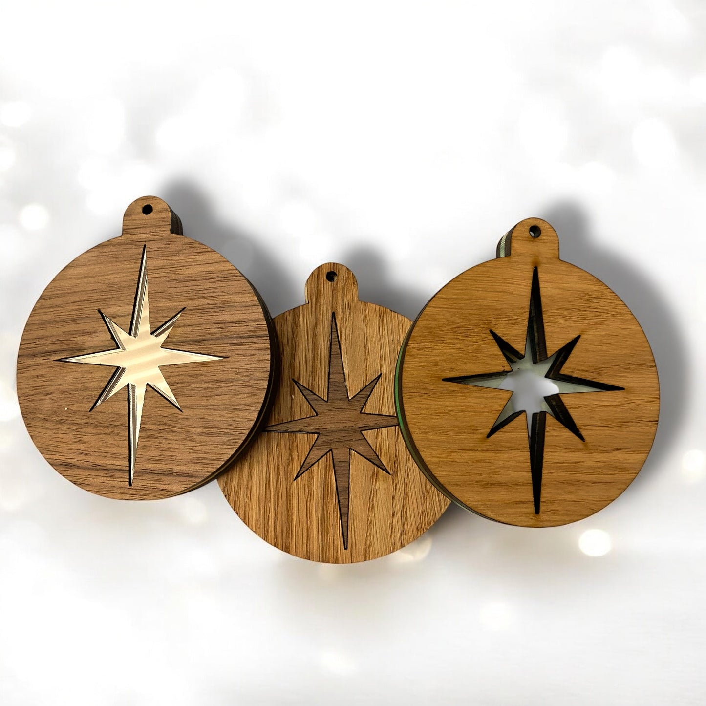 Inlaid Wooden & Mirror Christmas Tree Decorations