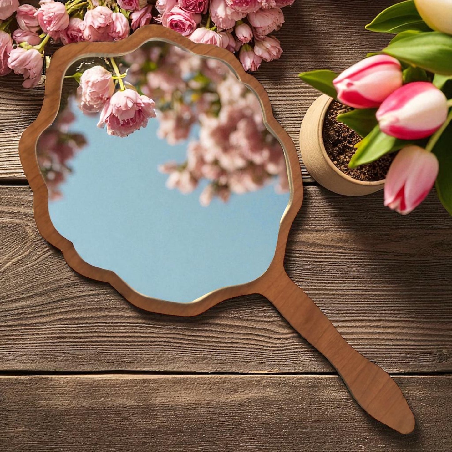 Scalloped Hand Held Wooden Vanity Mirror, Personalised