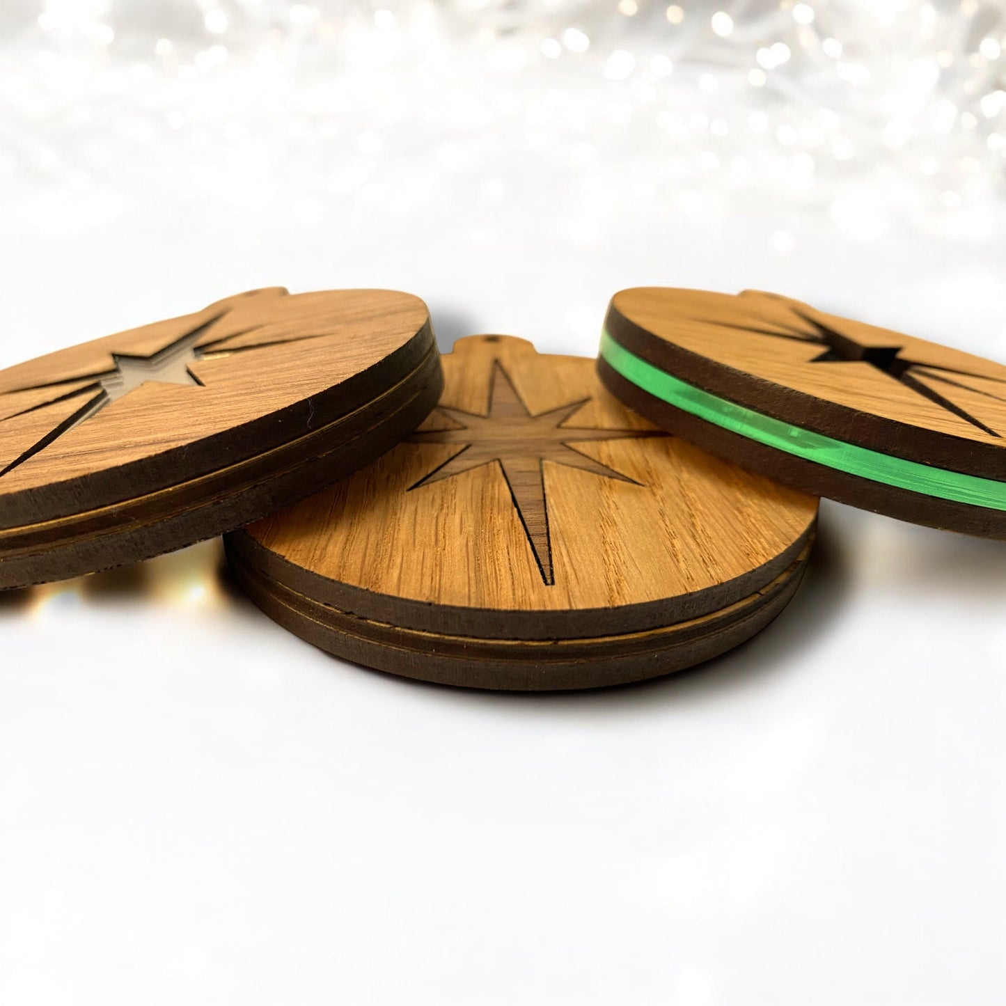 Inlaid Wooden & Mirror Christmas Tree Decorations