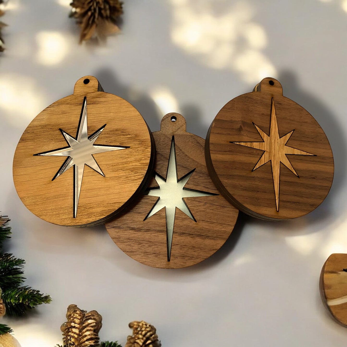 Inlaid Wooden & Mirror Christmas Tree Decorations