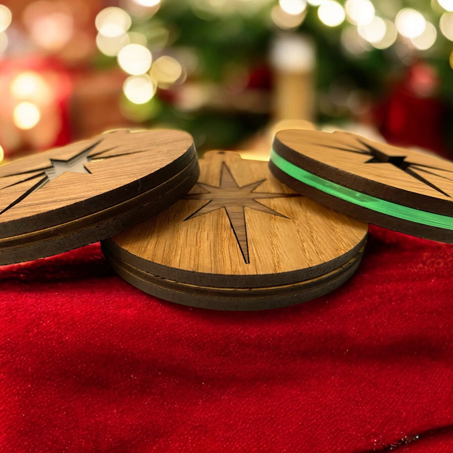 Inlaid Wooden & Mirror Christmas Tree Decorations
