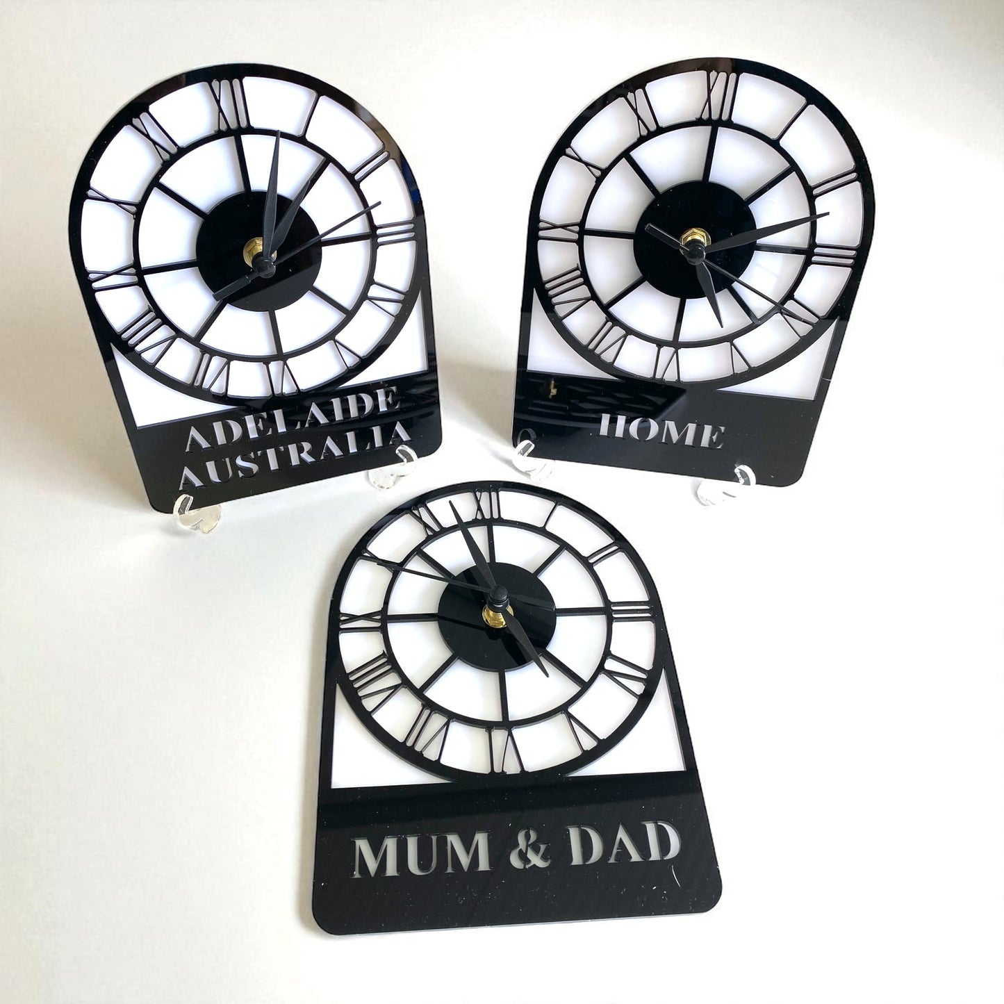 Bespoke Named Skeleton Arched Single Time Zone Clocks & Desk Stand