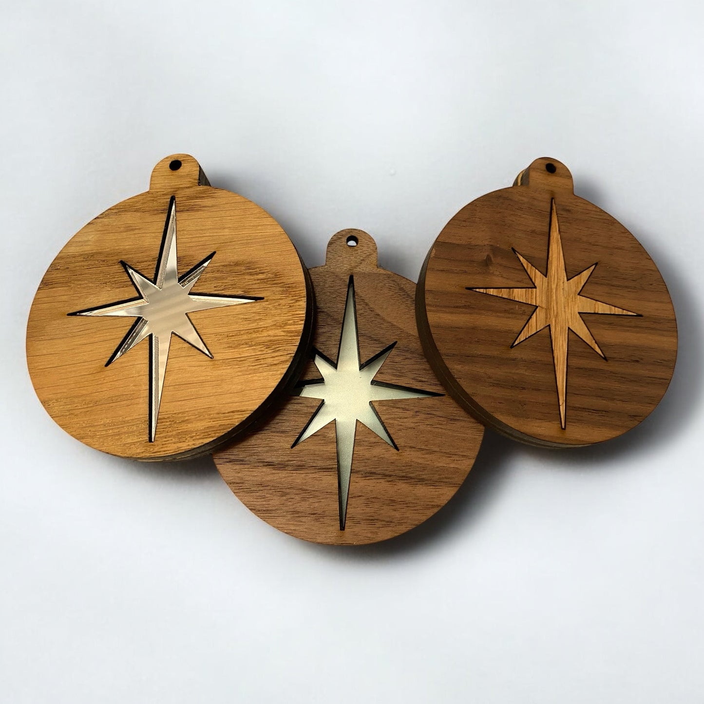 Inlaid Wooden & Mirror Christmas Tree Decorations