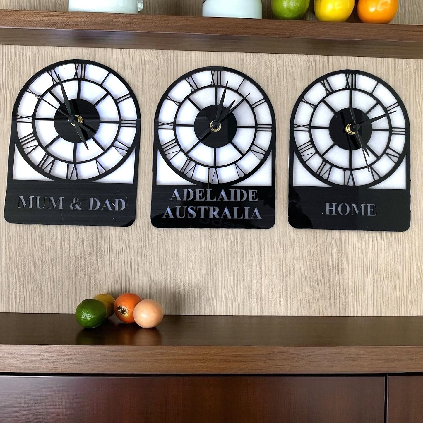 Bespoke Named Skeleton Arched Single Time Zone Clocks & Desk Stand
