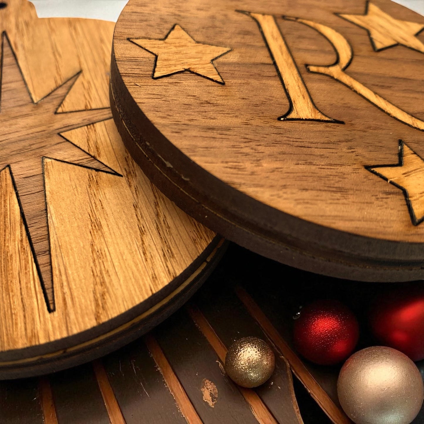 Inlaid Wooden Personalised Initials Christmas Tree Decoration