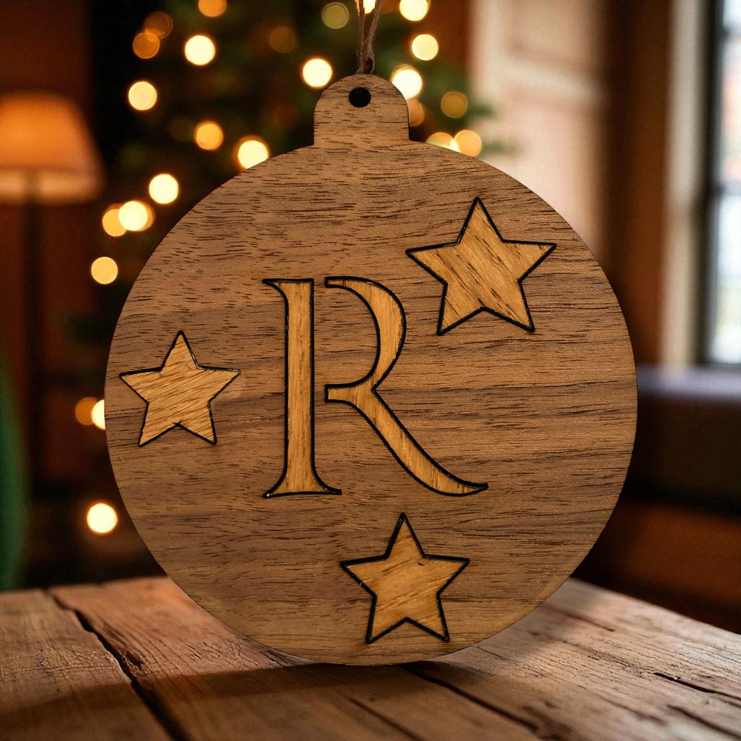 Inlaid Wooden Personalised Initials Christmas Tree Decoration