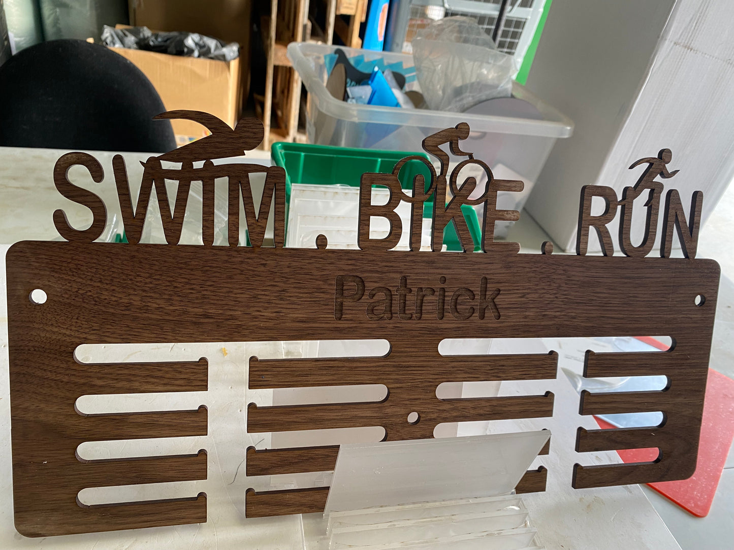 Swim, Bike, Run Medal Hangers - Wood