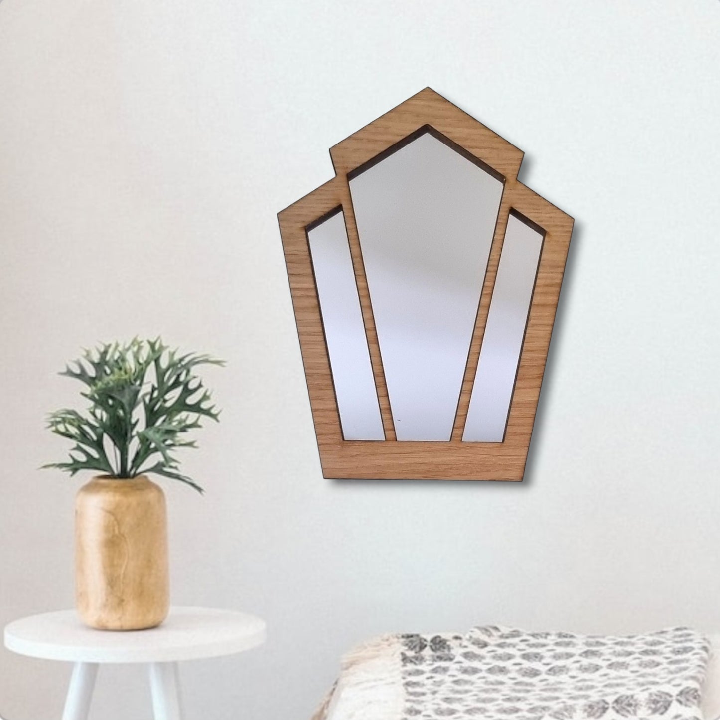 Wood Framed Pentagon Fan Mirror -  Art Deco Style