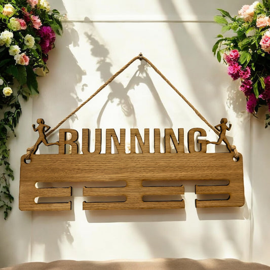 Running Lady Rope Medal Hanger - Wood
