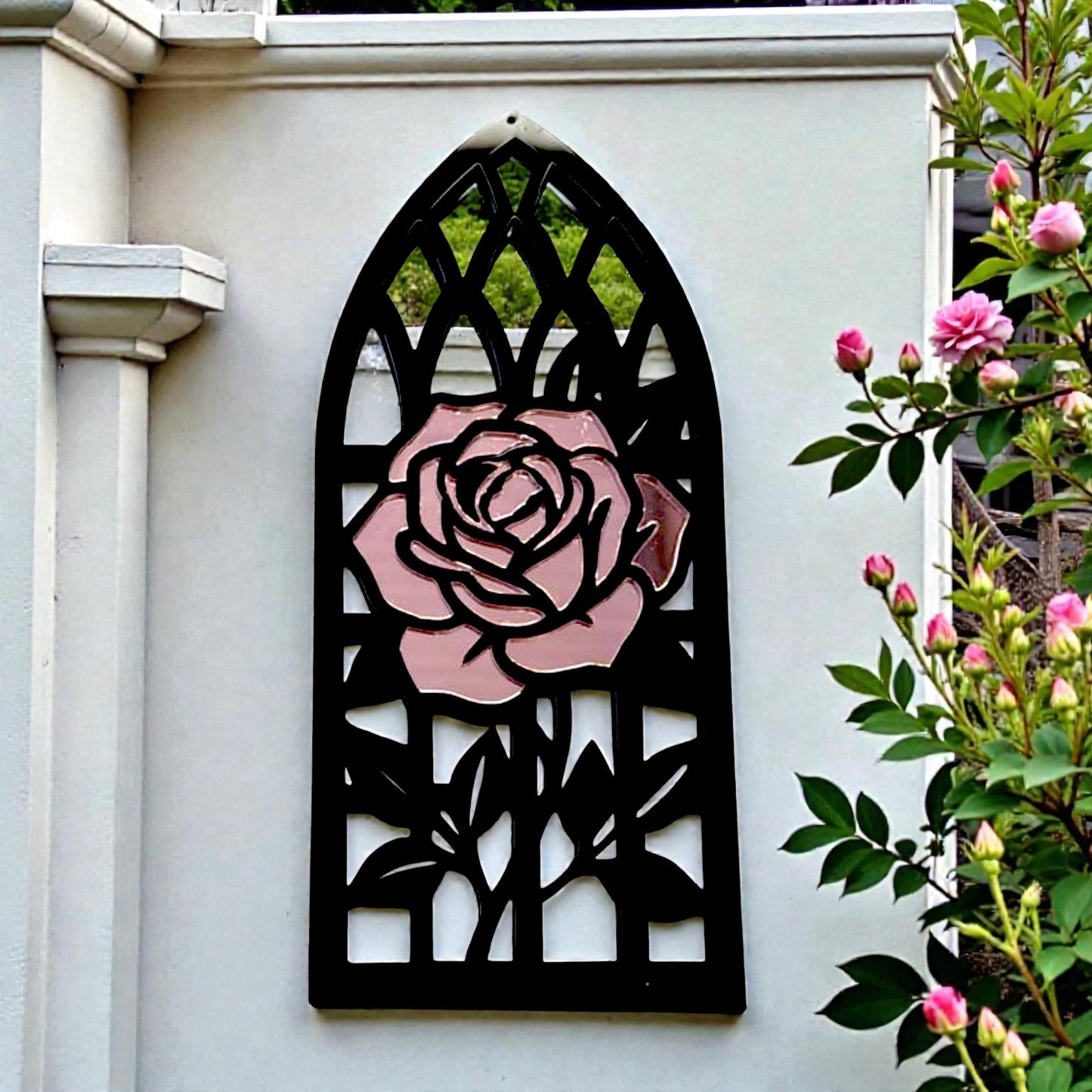 Gothic Arch Church Rose Framed Garden Mirror