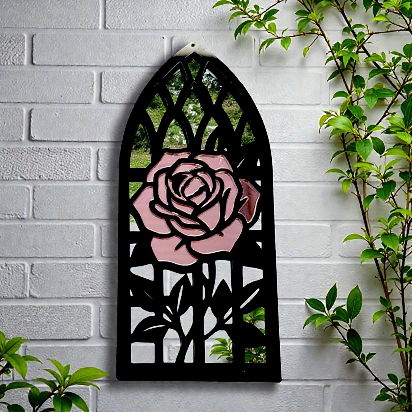 Gothic Arch Church Rose Framed Garden Mirror