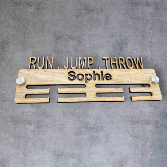 Run, Jump, Throw Medal Hanger - Wood