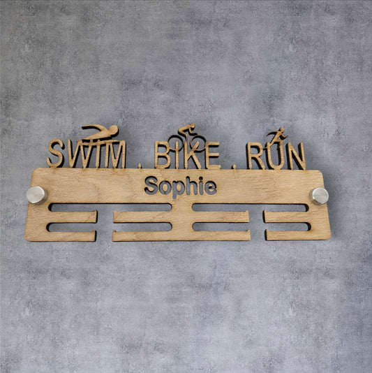 Swim, Bike, Run Medal Hanger - Wood