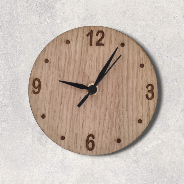 Wood Finish Round Clock - Custom Engraving, White or Black Hands, in Many Sizes.