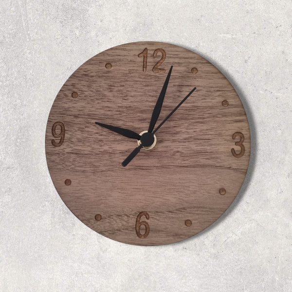 Wood Finish Round Clock - Custom Engraving, White or Black Hands, in Many Sizes.