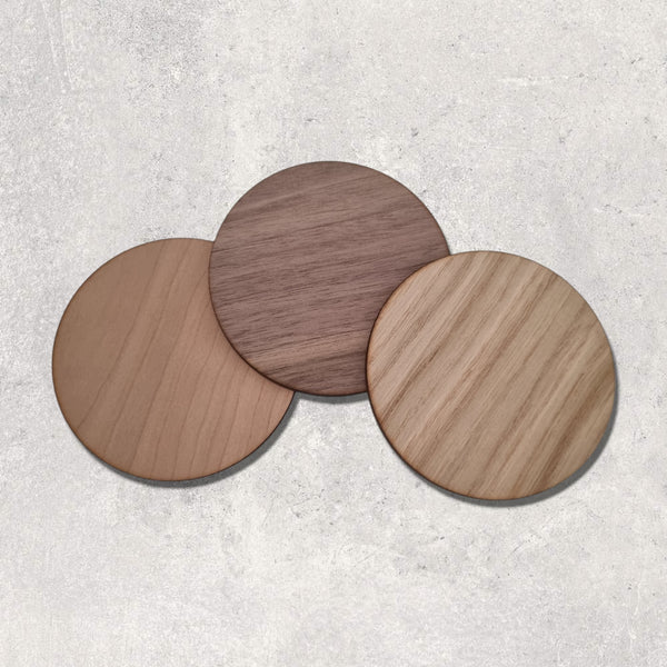 Set of Round Wood Coasters - Cherry, Oak or Walnut finish (Engraving available)